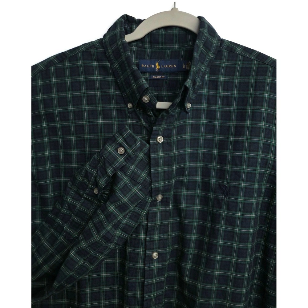 Ralph Lauren Mens Classic Fit Plaid Button Down Shirt Green Navy Large